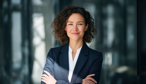 Professional confident woman with curly hair smiling in corporate office setting wea a navy blazer and white shirt demonstrating success and leadership - Powered by Adobe