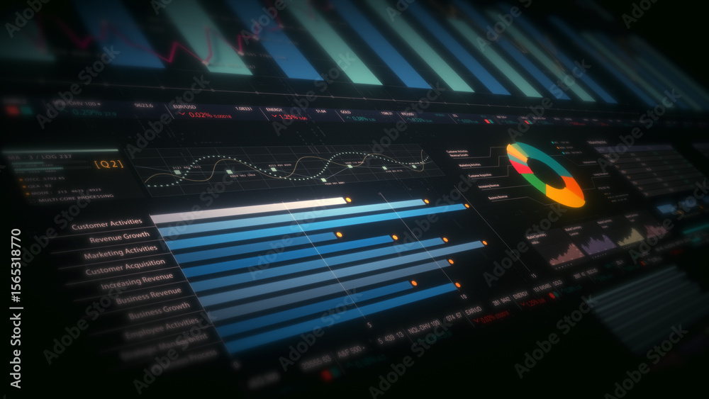 Aufkleber Dynamic data visuals for business info graphics, animated charts, and data-driven insights for a business meeting mock-up. Explore the world of trading, stock exchanges, and crypto