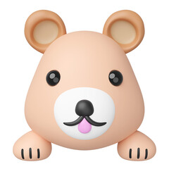 Cute 3D render of a charming light brown cartoon bear character with paws, peeking up from the bottom edge. Playful mascot illustration for kids content or apps.