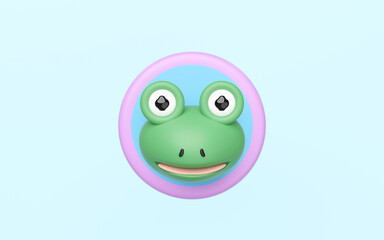 Fototapeta premium A cute 3D rendered frog head with big eyes inside a colorful pink and blue circular frame on a light blue background. Minimalist cartoon style illustration perfect for children content.