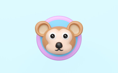 Vibrant 3D monkey character head with expressive eyes and a black nose, set against a two-tone pastel circular backdrop of blue and purple, on a plain light blue background. Playful design.