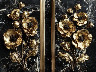 Golden floral panels on black marble