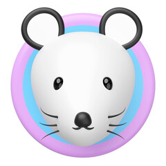 Minimalist 3D render of an adorable white mouse head with black ears, eyes, nose, and whiskers, centered within colorful circle. Cartoon character or cute icon.