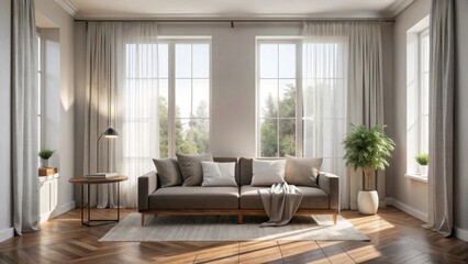 Serene Living Room Interior Design with Abundant Natural Light and Neutral Color Palette