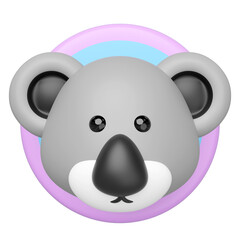 Cute 3D rendered koala head with big ears and black nose, centered on a pastel pink and blue circular background. perfect for kids themes or avatar designs.