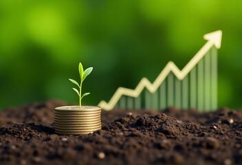 Stack of coins with sprout and rising graph, eco investment concept photo for green finance visuals