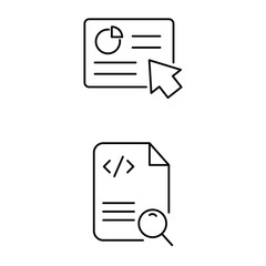 Fototapeta premium Data analysis chart and code document with magnifying glass vector icon illustration in minimal line style for digital use.