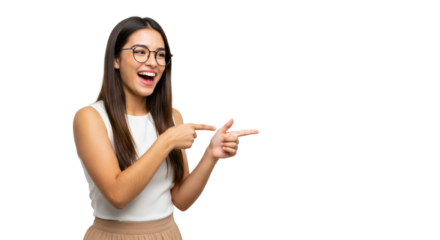 Young latin american woman, early 20s, long dark brown hair, thin-rimmed glasses, white sleeveless top, light brown skirt, laughing with open mouth, right finger pointing right, left finger pointing