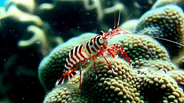 Close up of Banded coral shrimp (Stenopus hispidus) on the bottom of the sea at the coral reef, Great barrier reef, Australia.  
