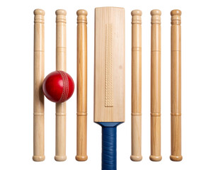 Top-Down Composition of Cricket Essentials – Bat, Ball, and Stumps on Clear PNG Background
