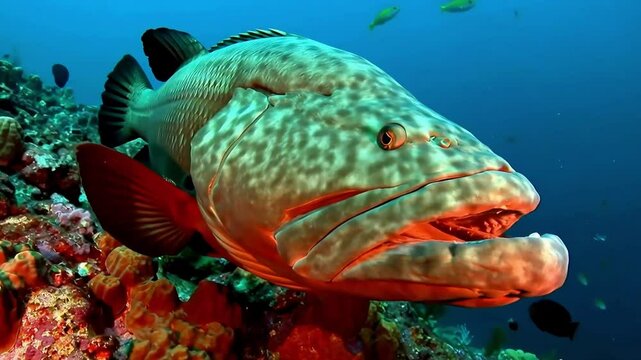 Close up of Giant Grouper or Queensland Groper (Epinephelus Lanceolatus) in natural habitat. Marine life in Great Barrier Reef, Australia.
