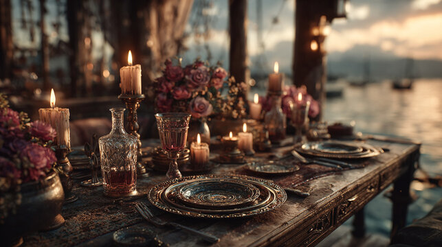 Romantic dinner table setting with candles and ocean .