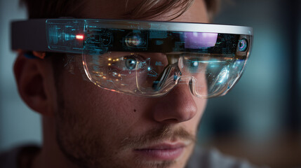 The Future of Wearable Technology: A man using advanced smart glasses with an augmented reality display for work or entertainment.