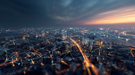 The Internet of Things (IoT) in a Modern Metropolis: A conceptual image of a futuristic city skyline with a data plexus symbolizing 5G connectivity.