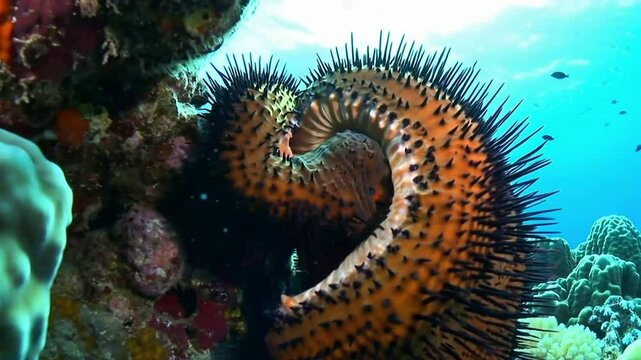 Close up a Crown of thorns starfish eating coral. Acanthaster Planci, macro shot. The coral destruction, Great Barrier Reef, Australia.
