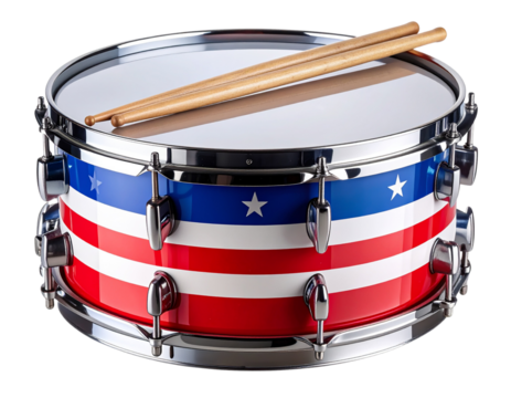  Angled View of Red, White, and Blue Marching Snare Drum with Star Motif – Transparent PNG