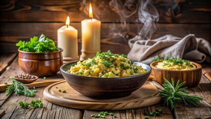 Aromatic Creamy Pasta Dish with Fresh Herbs, Served Warm in Rustic Bowl with Candles