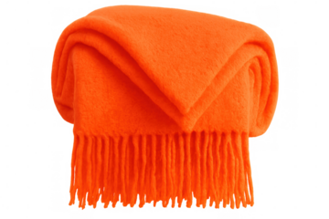 Warm, soft orange blanket folded neatly, featuring fringe, isolated on a transparent background, perfect for cozy winter designs