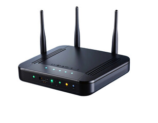 Floating Matte Black Wi-Fi Router with Digital Signal Waves – 3D Render Isolated PNG