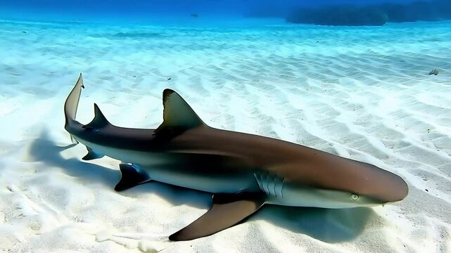 Bull shark (Carcharhinus leucas) swimming under water on sand plains, Great Barrier Reef, Australia.
