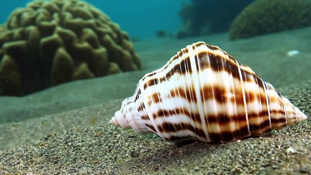 Close up of Banded marble cone (Conus bandanus) Slow moving on seabed, Great Barrier Reef, Australia.
