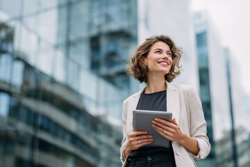 Businesswoman with curly hair smiling and holding a tablet outdoors in front of a modern glass building on a bright day