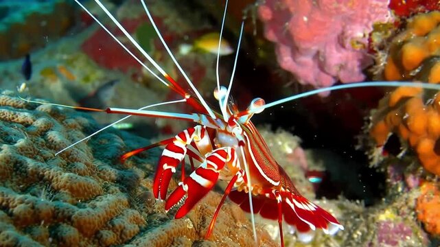 Close up of Banded coral shrimp (Stenopus hispidus) on the bottom of the sea at the coral reef, Great barrier reef, Australia.  
