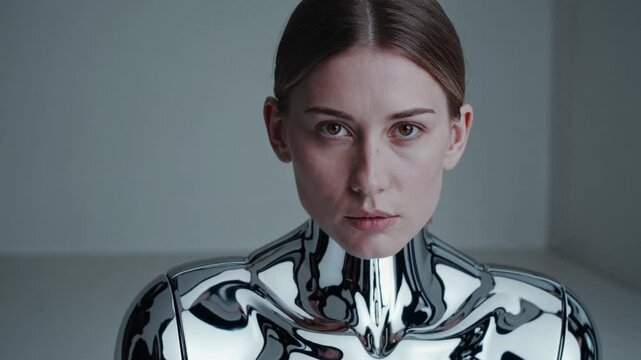 Femme andro&iuml;de en m&eacute;tal chrom&eacute;