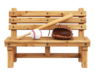3D Baseball Gear Icon – Bat, Glove, and Ball on Wooden Dugout Bench – Transparent PNG