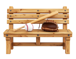 3D Baseball Gear Icon – Bat, Glove, and Ball on Wooden Dugout Bench – Transparent PNG