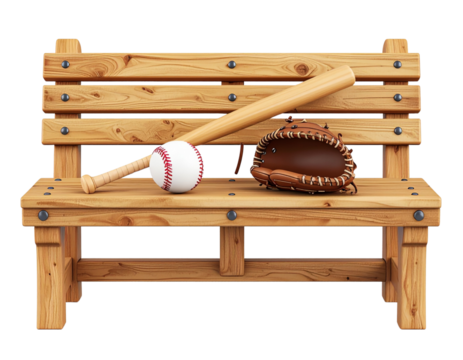 3D Baseball Gear Icon – Bat, Glove, and Ball on Wooden Dugout Bench – Transparent PNG