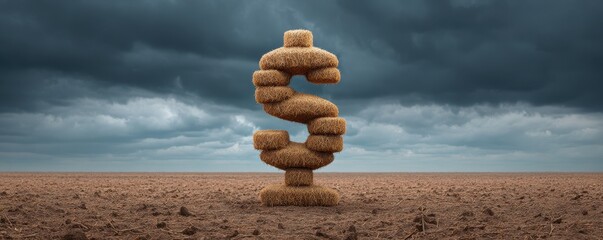 A large dollar sign made of hay bales stands on cracked dry soil under a dark, cloudy sky, symbolizing financial struggle or economic drought.