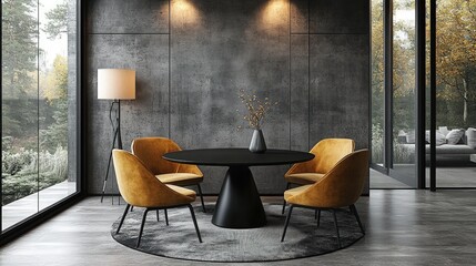 Modern dining room with dark gray walls, a round black table, and mustard yellow chairs. Large windows showcase a wooded exterior