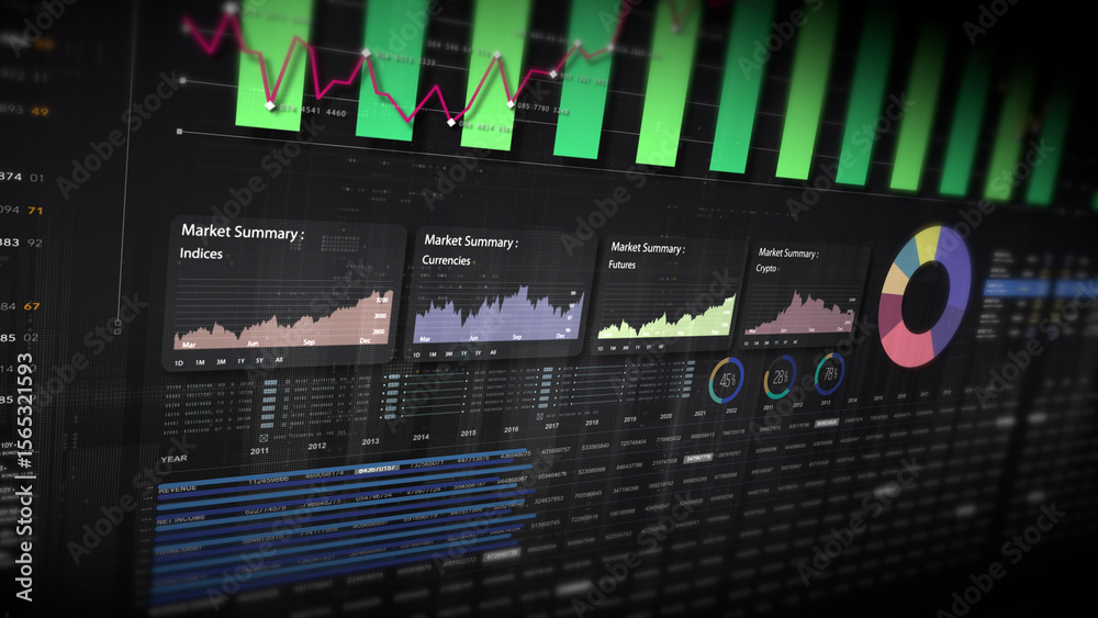 Aufkleber Dynamic data visuals for business info graphics, animated charts, and data-driven insights for a business meeting mock-up. Explore the world of trading, stock exchanges, and crypto