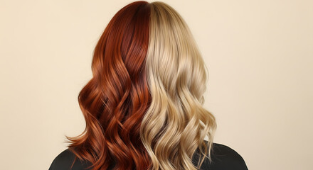 Fototapeta premium Two Tone Wavy Hair Transformation: Copper and Blonde Split Dye