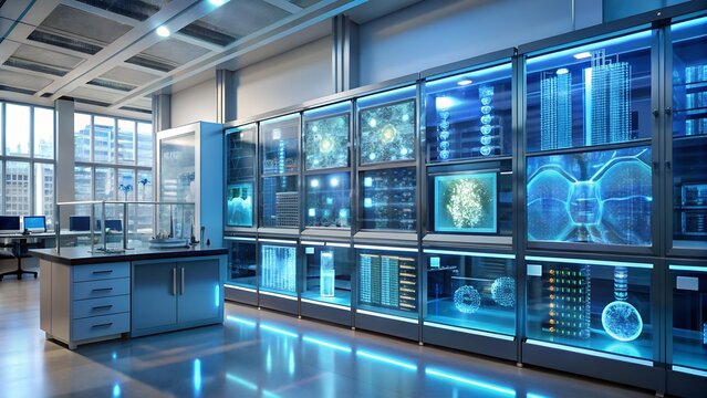 Futuristic Bioinformatics Dashboard with 3D DNA Interface in Virtual Lab, futuristic lab, bioinformatics, Bioengineering Control Panel, biotech, Ultra-HD bioinformatics control system