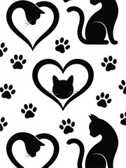 Seamless Pattern of Black Cat Silhouettes, Paw Prints, and Heart Shapes on White Background