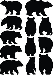Fototapeta premium Set of Black Bear Silhouette Graphics Various Bear Poses, Designs, and Illustrations on White