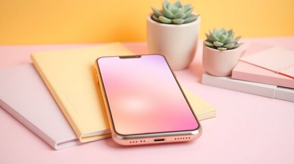 A rose gold smartphone with a soft pink and purple gradient on its screen rests on a pastel pink desk, surrounded by notebooks and small succulents