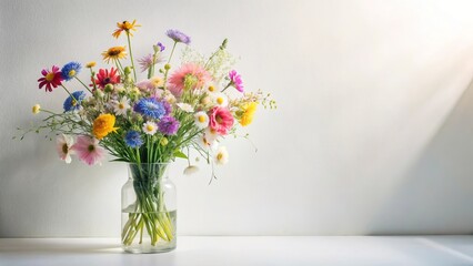Naklejka premium A vibrant summer bouquet of wildflowers in a clear glass vase, bathed in sunlight against a bright white wall, creating a cheerful and serene atmosphere