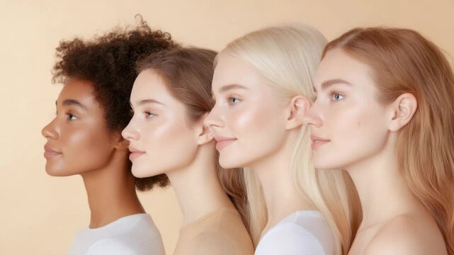 Radiant Diversity: A close-up shot of four diverse women, showcasing radiant skin tones and celebrating natural beauty with a focus on skincare and wellness.