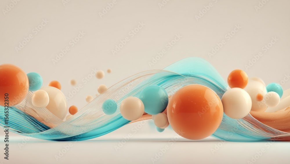 Poster Abstract colorful geometric shape composition with spheres and flowing wave design in a modern digital art style for creative projects