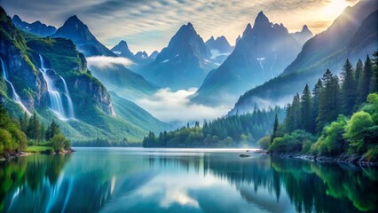 Fototapeta premium Serene mountain lake reflecting majestic peaks and cascading waterfalls in a misty dawn