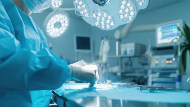 Surgical Precision: A surgeon in sterile attire meticulously prepares surgical instruments under the bright lights of an operating room, symbolizing precision and expertise.