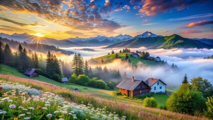 Serene Sunrise Over Misty Mountain Valley with Picturesque Homes and Blooming Meadow