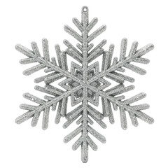 A single, three-dimensional, sparkling silver glitter snowflake ornament, intricately designed with filigree patterns, shimmering against a transparent studio background with zero shadows, perfect