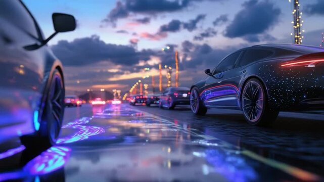 Urban Neon Rush: Sleek cars cruise down a rain-slicked street, illuminated by the vibrant glow of neon lights. A dynamic perspective that captures the energy of the city at night.