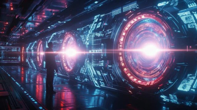 Futuristic Technological Nexus: A visionary depiction of cutting-edge technology, featuring an advanced, brightly illuminated hub with intricate circuitry and glowing energy fields.