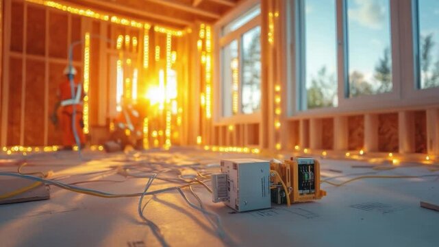 Construction Site Spark: An image of an indoor building under construction, with a worker in a orange suit, wires, and electrical components scattered around, highlighting the raw, unfinished.