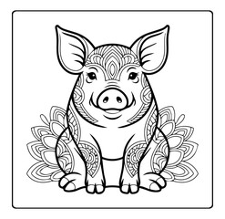 Cute pig with beautiful floral mandala pattern detailed vector outline illustration coloring page for adults and children